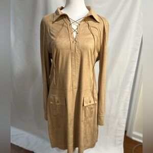NWOT KENNETH COLE faux suede dress in tan with long sleeves in Large